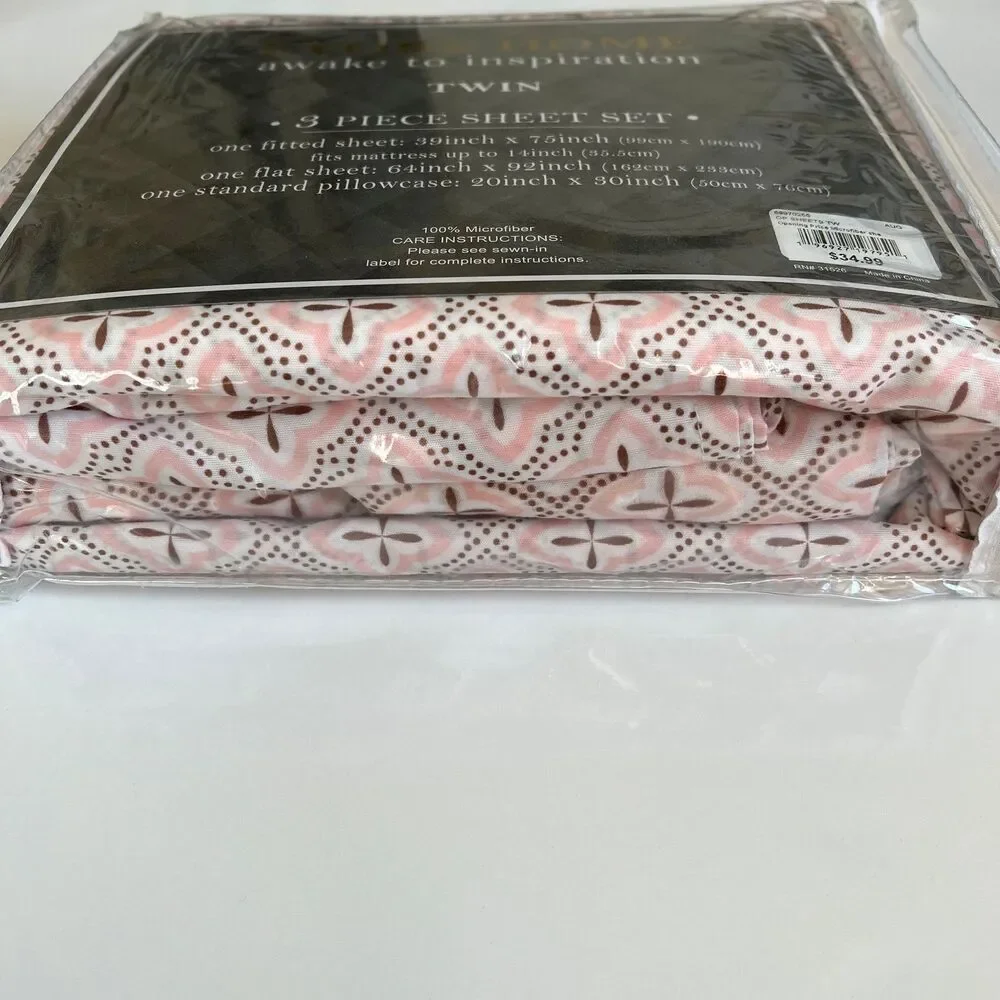 Evoke Home Awake To Inspiration Pink Twin 3 piece Size Sheet Set  Microfiber GEO